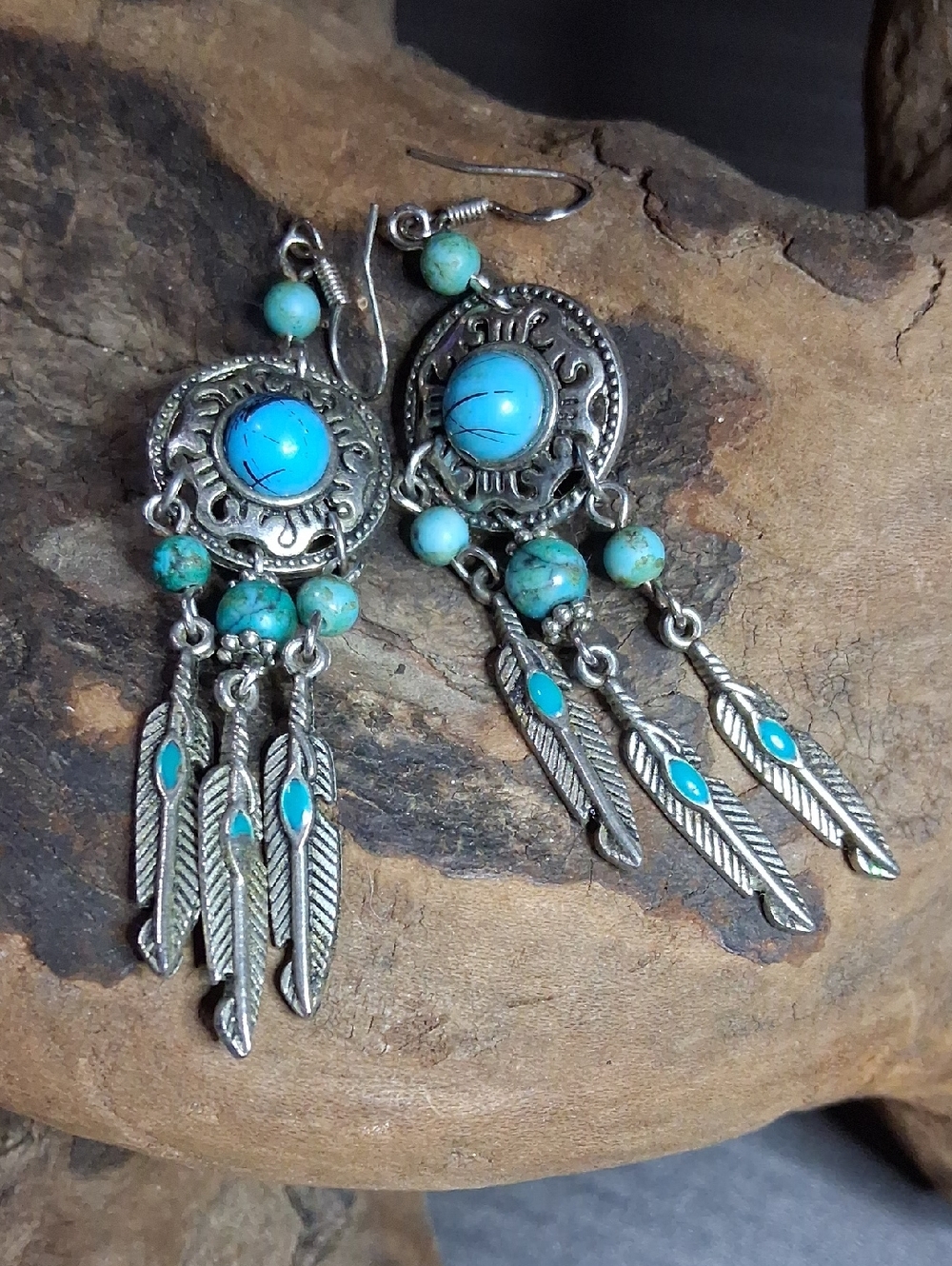 Faux Turquoise Feather Dangle Earrings - Women Jewelry